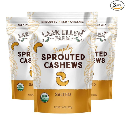 Lark Ellen Farm Sprouted Salted Cashews - Non GMO, Healthy Keto Snacks, Paleo, Gluten Free, Vegan, Certified Organic Nut, Sugar Free, High Protein, Kosher, Low Glycemic, 10 oz - 3 pack
