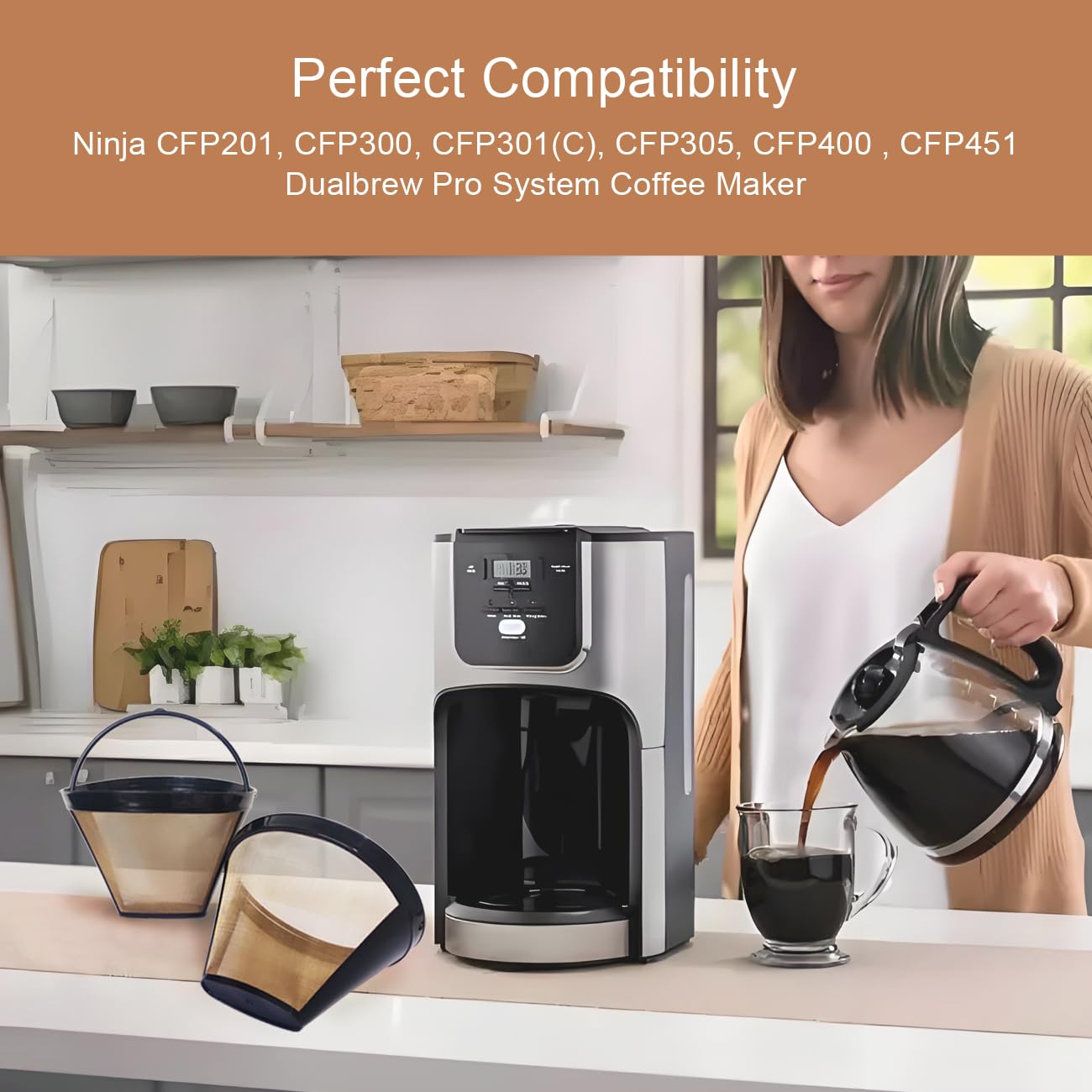 Ainreond 2Pcs Reusable Coffee Filter Basket, No.4 Cone Coffee Maker Filters, for Ninja and