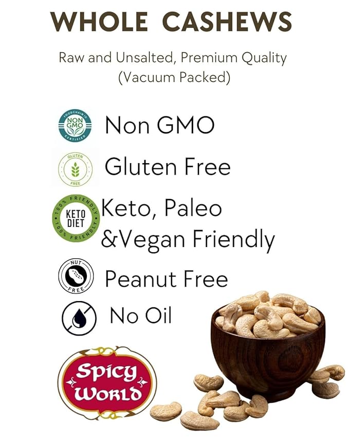 Spicy World Raw Cashews 5 LB (80oz) Bulk - Non-GMO, Gluten Free, Peanut Free, No Additives, Unsalted Natural & Pure Whole Cashews - Great for Pesto, Salads, Baking, Roasting & Cooking