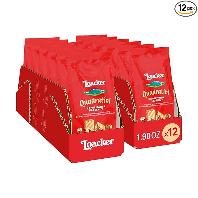 Loacker Quadratini Hazelnut Bite-Size Wafer Cookies, Crispy Wafers with 4 Creamy Layers of Hazelnut Cream Filling, New On-the-Go Pack, Box of 12
