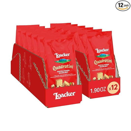 Loacker Quadratini Hazelnut Bite-Size Wafer Cookies, Crispy Wafers with 4 Creamy Layers of Hazelnut Cream Filling, New On-the-Go Pack, Box of 12