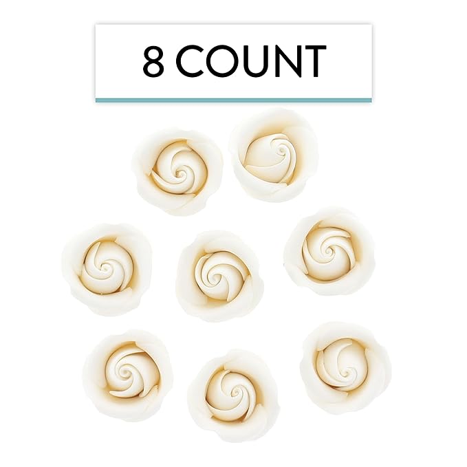 Global Sugar Art Rebecca Rose Sugar Cake Flowers, White 1 Inch with Wire, 8 Count by Chef Alan Tetreault