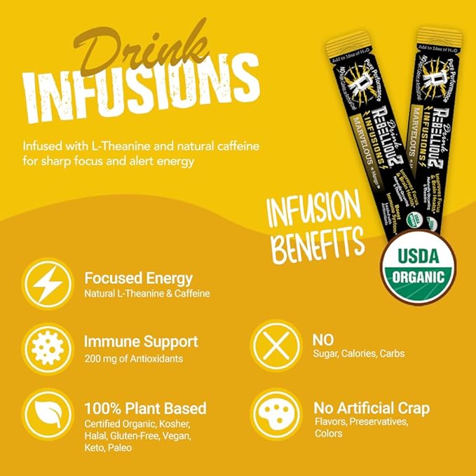 Rebellious Organic Energy Drink Mix Pure Performance Bundle (4 Pack Bundle, 10 Counts Each) ??0 Calories, Sugar Free, Loaded with Antioxidants, L-Theanine, and Natural Caffeine ??40 Counts