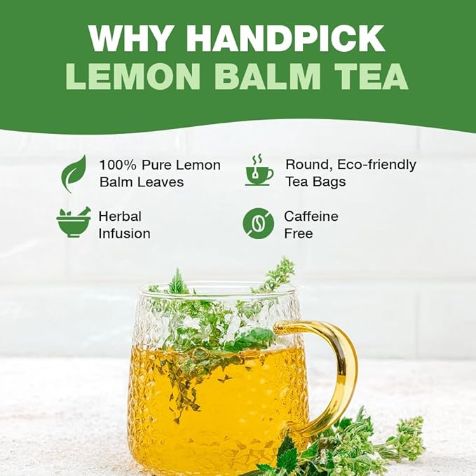 HANDPICK Lemon Balm Tea Bags ??100 Count | 100% Pure Natural Dried Lemon Balm Herb | Caffeine-Free Herbal Tea with Citrus Flavor & Aroma | Round Eco-conscious Teabags