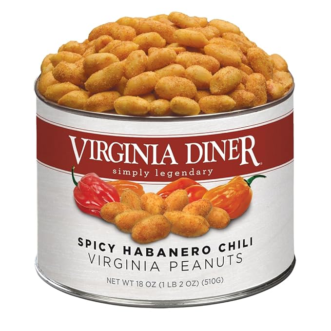 Virginia Diner Natural Virginia Spicy Habanero Chili Peanuts, Gourmet Blister Roasted Nuts in Resealable Gift Tin 18 oz
