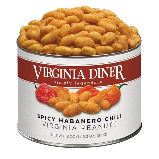 Virginia Diner Natural Virginia Spicy Habanero Chili Peanuts, Gourmet Blister Roasted Nuts in Resealable Gift Tin 18 oz
