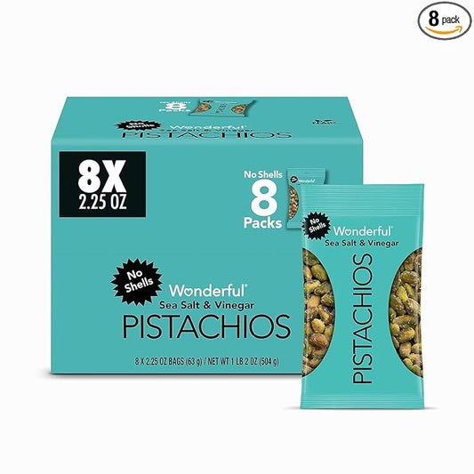 Wonderful Pistachios No Shells, Sea Salt & Vinegar Flavored Nuts, 2.25 Ounce Bag (Pack of 8), Protein Snacks, Gluten Free Snacks for Adults