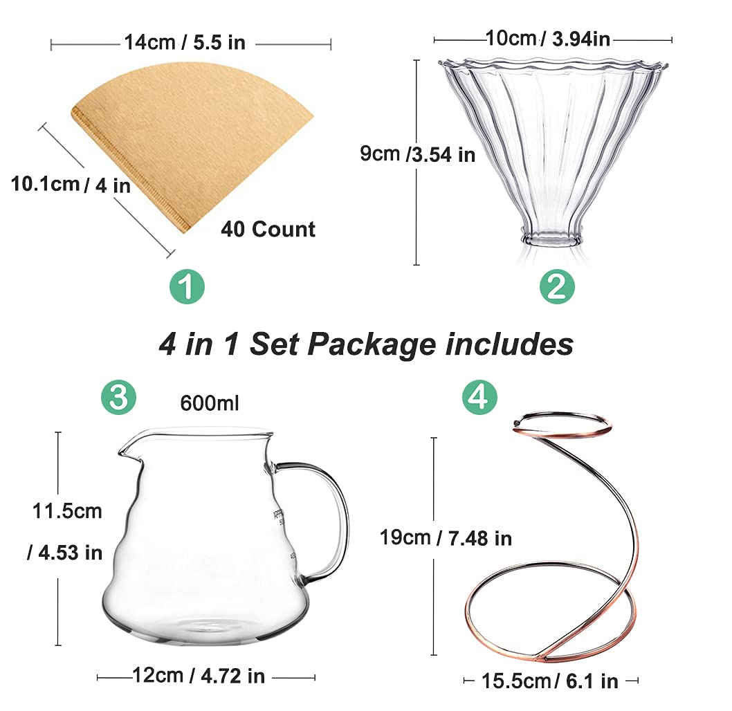 LEIJOCO Pour Over Coffee Maker Set - Glass Dripper, Metal Stand, 600ml Heat-Resistant Server, 40