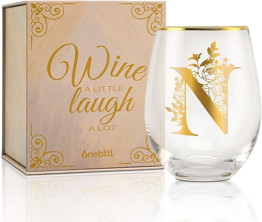 Onebttl Unique Stemless Wine Glasses, Initial Wine Cup for Red or White Wine - 18oz, Monogrammed, Gold - for Women, Girls, Female, Her, Friends, Coworkers, Clients - for Birthday, Christmas