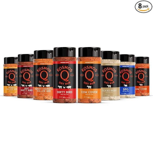 Kosmos Q BBQ Grill Spices and Seasonings Set - 8 Flavor Variety BBQ Rub Seasoning Gift Set for Barbecues, Grilling and Smoking - Dry Rub Shakers Include Cow Cover, Dirty Bird, SPG, and More