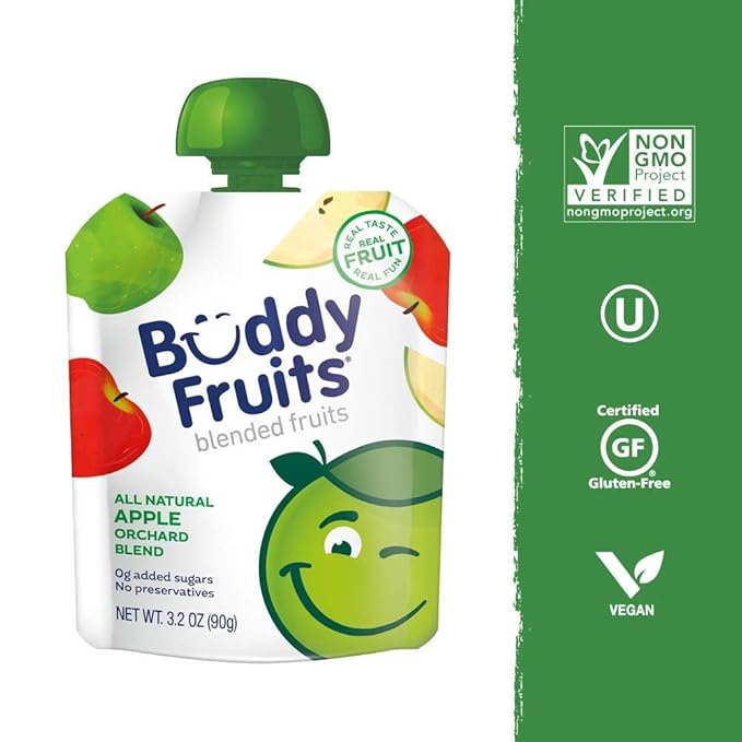 Buddy Fruits Snacks To Go Orchard Blend Unsweetened Applesauce 3.2oz Pouch (18pk) Gluten-Nut-Dairy-Preservatives-BPA Free, Non GMO, Kosher