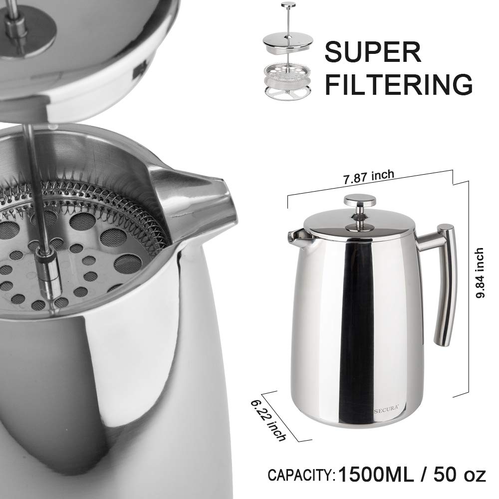 Secura French Press Coffee Maker, 50-Ounce, 304 Stainless Steel Insulated Coffee Press with Extra