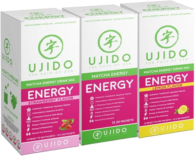 Ujido Matcha Energy Packets, Strawberry Flavor, Sugar-Free, Monkfruit, Non-GMO, Antioxidant, Keto & Vegan, 2g x 15 Count