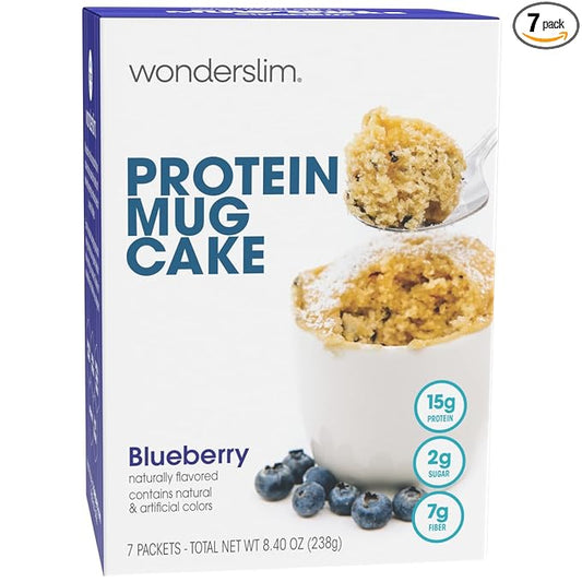 WonderSlim Protein Mug Cake, Blueberry, 7g Fiber, Low Sugar, Gluten Free, Keto Friendly & Low Carb (7ct)