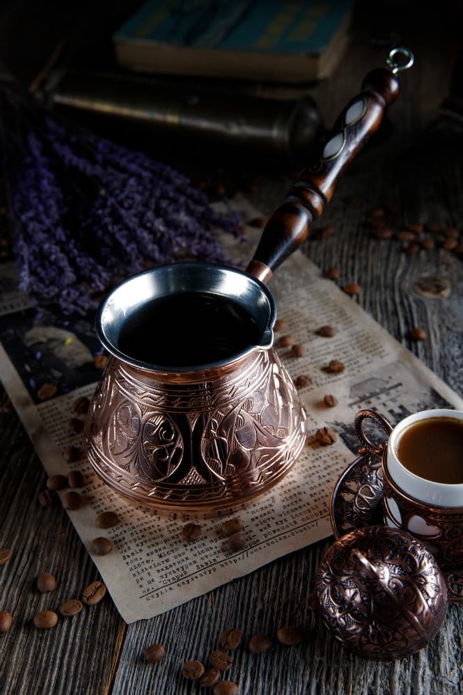 DEMMEX Copper Turkish Coffee Pot Cezve Ibrik Greek Coffee Briki Stovetop Coffee Maker with Wooden