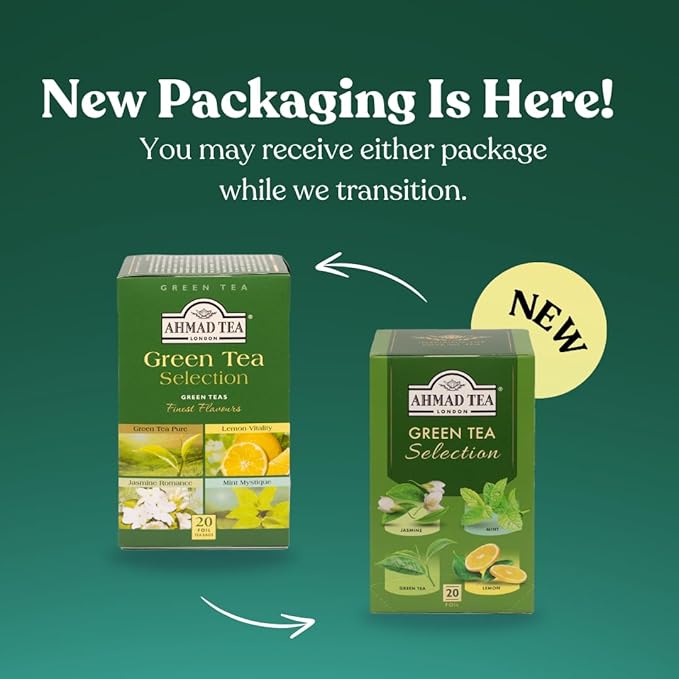 Ahmad Tea Green Tea, Green Tea Selection, Lemon Green Tea, Jasmine Green Tea, Mint Green Tea, & Green Tea Teabags, 20 ct (Pack of 1) - Caffeinated & Sugar-Free