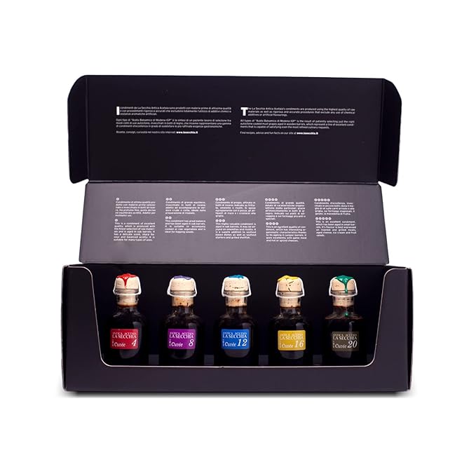 La Secchia Balsamic Vinegar of Modena PGI Tasting Box of 5 Varieties of Balsamic Vinegar of Modena PGI with Different Ages, 5 Bottles of 50 ml, Handmade in Italy