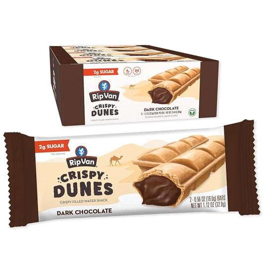 Crispy Dunes Vegan Dark Chocolate Wafer Sticks ??Low-Calorie Snack with Dark Chocolate Cream Filling, 90 Calories, Non-GMO, Prebiotic Fiber - 12 Pack