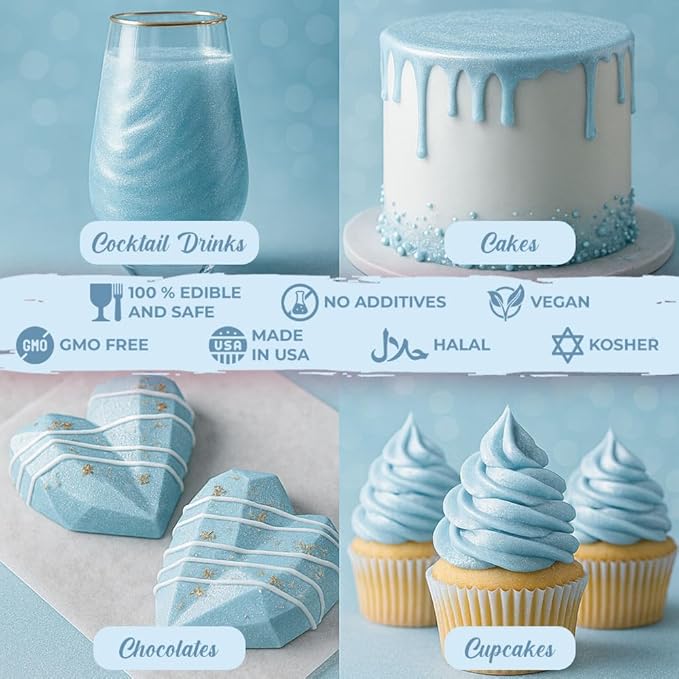 Luster Dust Edible Cake Decorations, Light Blue Edible Dust for Cake Edible Luster Dust for Cupcake Decorations, Cake Drip, Light Blue Edible Paint for Cakes, Edible Shimmer Dust for Drinks
