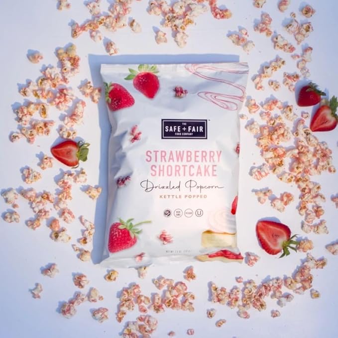 Safe + Fair Food Company Plant-Based Gourmet Strawberry Flavored Popcorn - Strawberry Shortcake Drizzled Kettle Corn Popcorn - Non-GMO + Gluten-Free Snacks,5.5oz