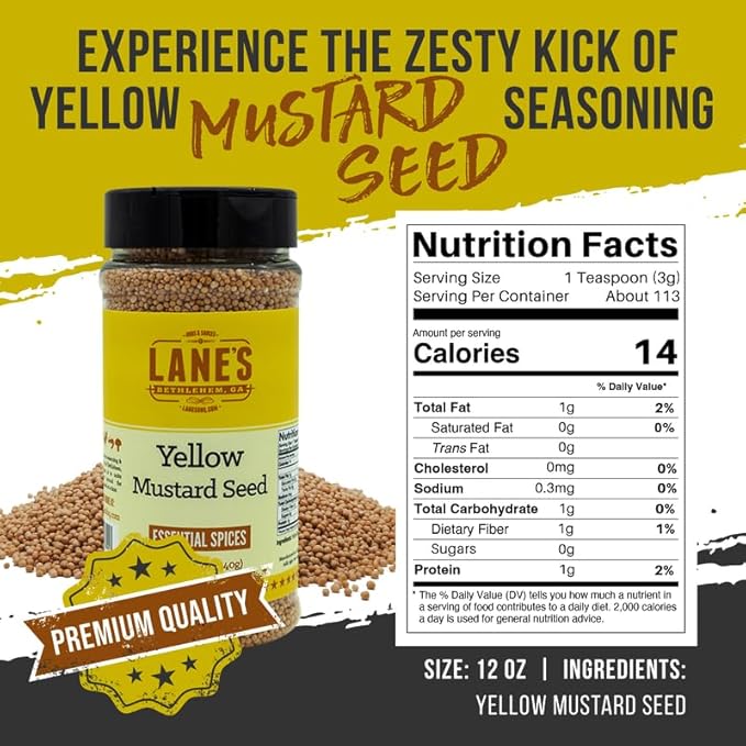 Lane's Yellow Mustard Seed Spice, All-Natural Yellow Mustard Seeds Whole, Perfect for Cooking and Homemade Seasonings Made in USA, 12 Oz (340g)