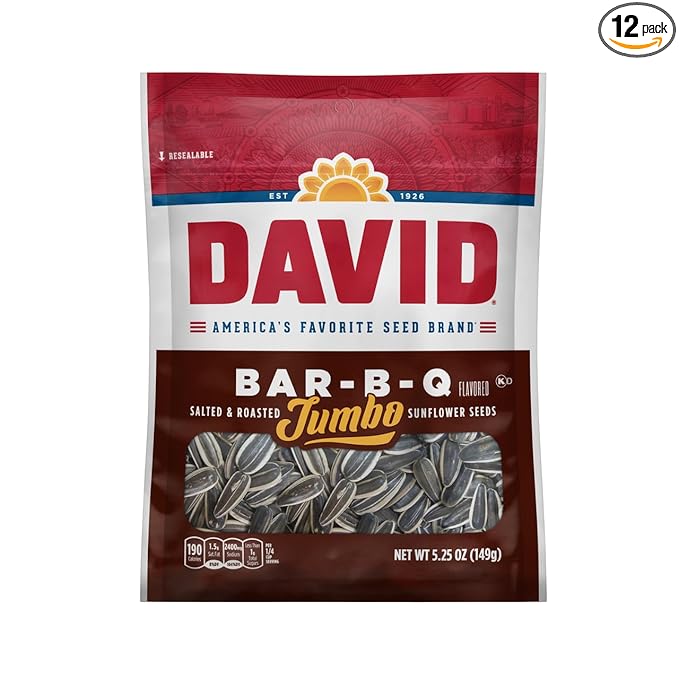DAVID SEEDS Roasted and Salted Bar-B-Q Jumbo Sunflower Seeds, 5.25 oz, 12 Pack