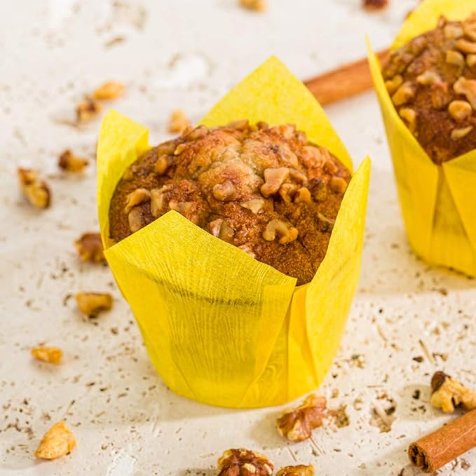 Restaurantware Panificio Premium 4 oz Yellow Paper Tulip Baking Cup: Paper Baking Cups Perfect for Muffins Cupcakes or Mini Snacks - Greaseproof - Disposable and Recyclable - 200ct Box