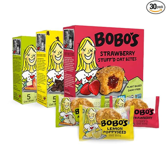Bobo's Oat Bites Stuff'd Variety Pack (Strawberry, Lemon Poppyseed, and Apple Pie) Pack of 30 (1.3 oz Bites) 10 of each, Gluten Free Whole Grain Rolled Oats