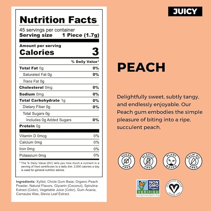 Refresh Gum, Xylitol, Natural, Sugar Free, Long Lasting, Plastic Free, Natural Flavors & Organic Ingredients, Plant-Based, Low Calorie, Non GMO, Gluten Free, Vegan, Peach Flavor, 12 Pieces, 12 Pack