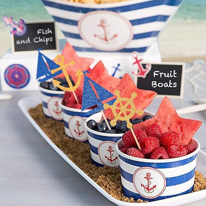 24 Pcs Nautical Theme Glitter Cupcake Picks Cupcake Toppers Food Fruit Picks for Decoration Party Favors