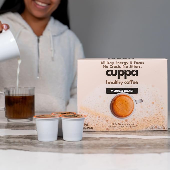 Cuppa Healthy Mushroom Coffee Single Serve Pods (K-Cups) with Lion's Mane & Ashwagandha for All Day Energy & Focus - No Crash or Jitters - Nootropics for Brain Health, Gut Health, Immunity, Stress, Memory + Mood - 48 Servings