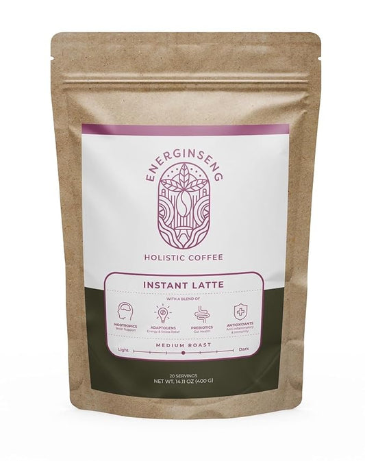Energinseng Mushroom Coffee - Instant Latté - Robusta and Arabica coffee beans with Adaptogens, Nootropics, Prebiotics, Antioxidants - 14.11 OZ (400 G)