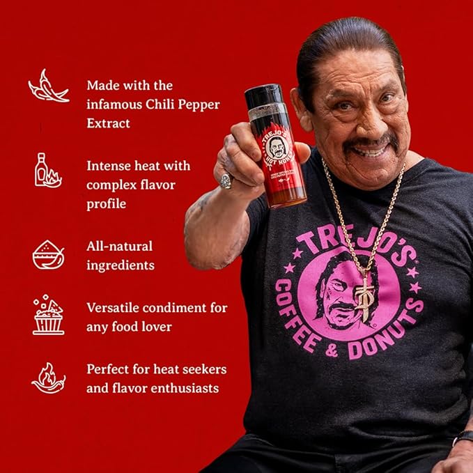 Trejo's Tacos Hot Honey | Sweet and Spicy Honey Hot Sauce | Infused with Chili Pepper Extract | Great for Topping or Dipping Sauce for Oatmeal, Ice-Cream, Fried Chicken & Bbq - Pure and Gluten Free | Authentic Creation by Trejo's Tacos - Pack of 1
