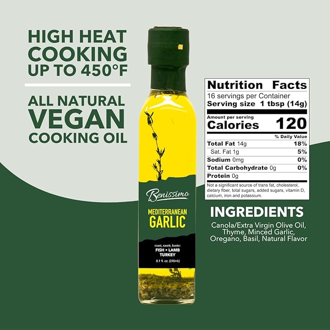 Benissimo Mediterranean Garlic Infused Oil, All Natural Gourmet Cooking Oil with Fragrant Mediterranean Herb Blend, Ideal for Dipping, Sautéing, Drizzling, 8.1 fl oz