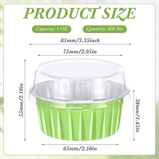 Gejoy 400 Pcs Aluminum Foil Baking Cups with Lids 5 oz Disposable Ramekins Mini Cake Pans Creme Brulee Cupcake Liners Muffin Tins Flan Mold Dessert Container for Wedding(Green,Classic)
