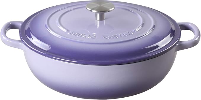 Enameled Cast Iron Dutch Oven Shallow Casserole Braiser with Dual Handle, 3.8 QT, Purple
