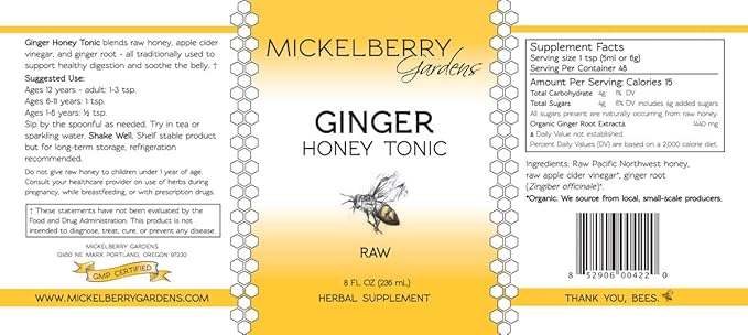 Mickelberry Gardens Immune Support Ginger Honey Tonic – Organic Ginger Shots & Syrup for Immunity Boost, Digestive Health, and Wellness – 8 Oz