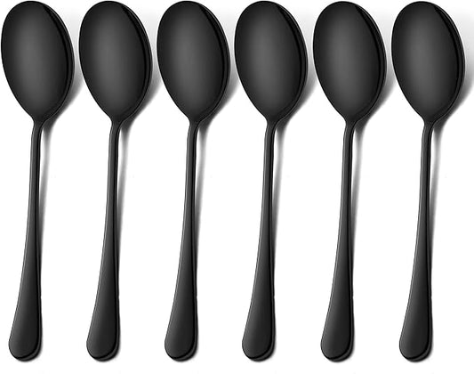 LIANYU Black Serving Spoons Set of 6, 9.8 Inch Stainless Steel Large Dinner Buffet Catering Banquet Serving Spoons, Mirror Finish, Dishwasher Safe