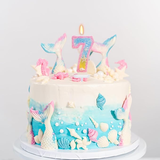 7th Birthday Candle for Cake, Pink Beach Starfish Sequins Number Candles, 2.76 inch Pink Cake Topper Decoration for Birthday Party (Number 7)