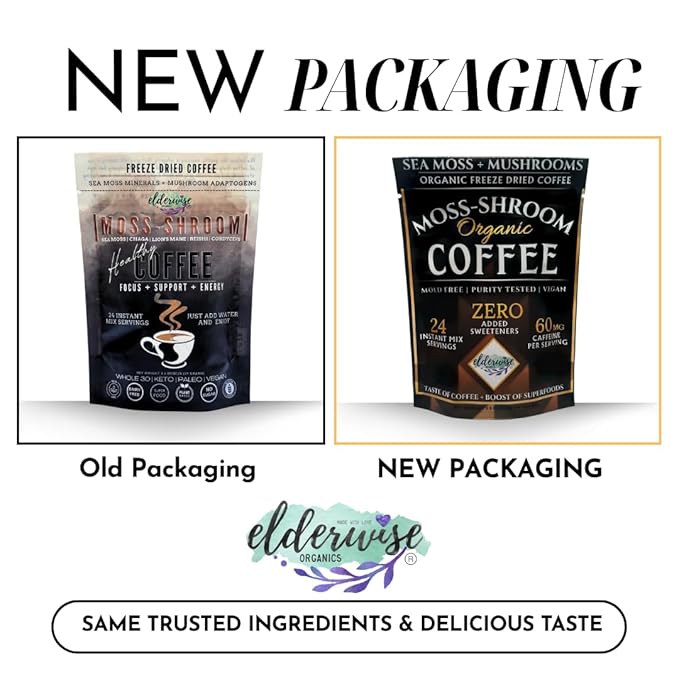 Elderwise Organics Coffee with Mushrooms & Sea Moss - Lion's Mane, Chaga, Reishi & Cordyceps - 24 Servings - Healthy Coffee - Freeze Dried Instant - Chemical free - Fair Trade
