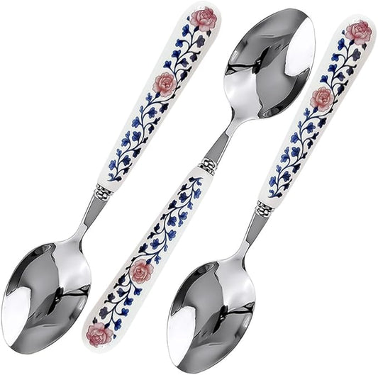 20cm 8inch Dinner Spoon 18-10 Stainless Steel Mirror Smooth Polished Ceramic Handle,Peony Pastoral Whisper Style Table Spoons, SUS304 Soup Spoon (3 PCS Spoons-Peony)