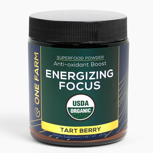 One Farm Energizing Focus Powder Blend - with USDA Organic Blackcurrant, Matcha, Lions Mane, Cordyceps, Rhodiola, and More in a Resealable Glass Jar. 45 Servings - Tart Berry Flavor