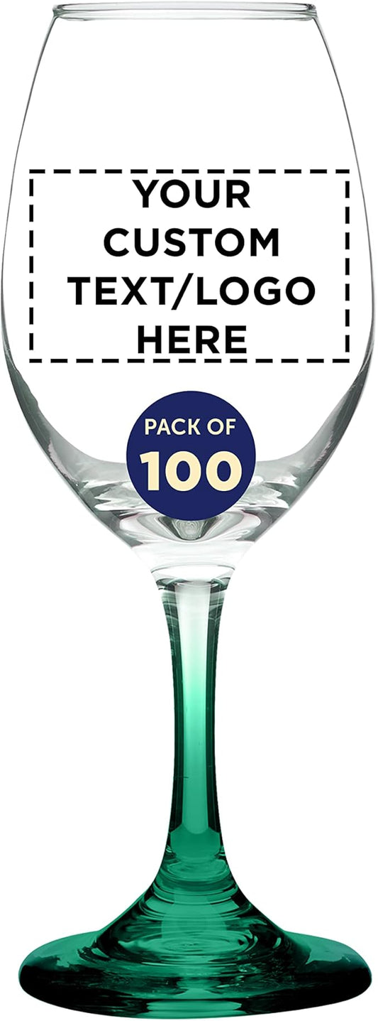 Custom Rioja Wine Glasses with Stem 10 oz. Set of 100, Personalized Bulk Pack - Color Bottom, Perfect for Wedding, Party Favors, Birthday, Bridal Shower Gifts - Green