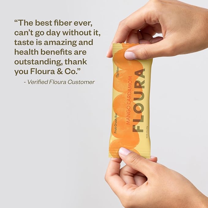 Floura Mango Cardamom Fruit-Forward Fiber Bars??High Fiber, Vegan, Gluten & Dairy Free, Low Calorie Healthy Snack Bars with Upcycled Produce for Gut Health [10 Pack]