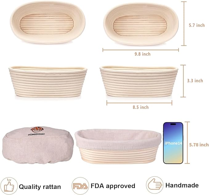 Banneton Bread Proofing Basket Set of 2, 10 Inch Oval Sourdough Bread Baking Supplies, Bread Making Starter Kit, Proofing Baskets for Baking, Perfect Baker's Gift Set