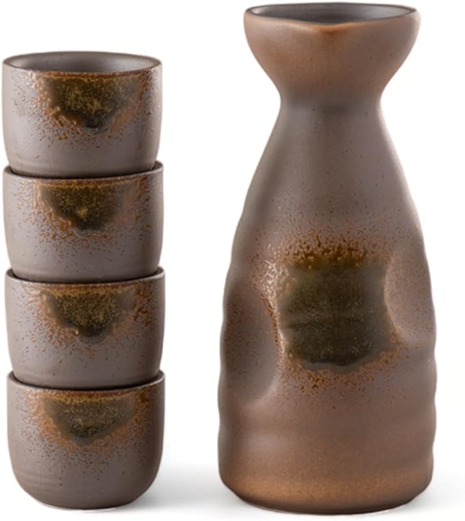 Urban Tokyo Japanese Sake 5 Piece Set Include 1 Sake Bottle and 4 Cups for Hot or Cold Sake Home or Restaurant Use Reactive Glazed Ceramic (Brown and Green)