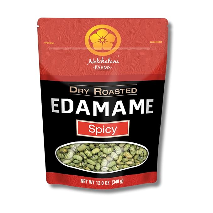 Spicy Dry Roasted Edamame Beans Snack by Nakihalani Farm ??12 oz Non-GMO Crunchy Soybeans Plant-Based High Protein Snack for Adults & Kids Gluten-Free, Nut-Free, Vegan Snack in Resealable Bag