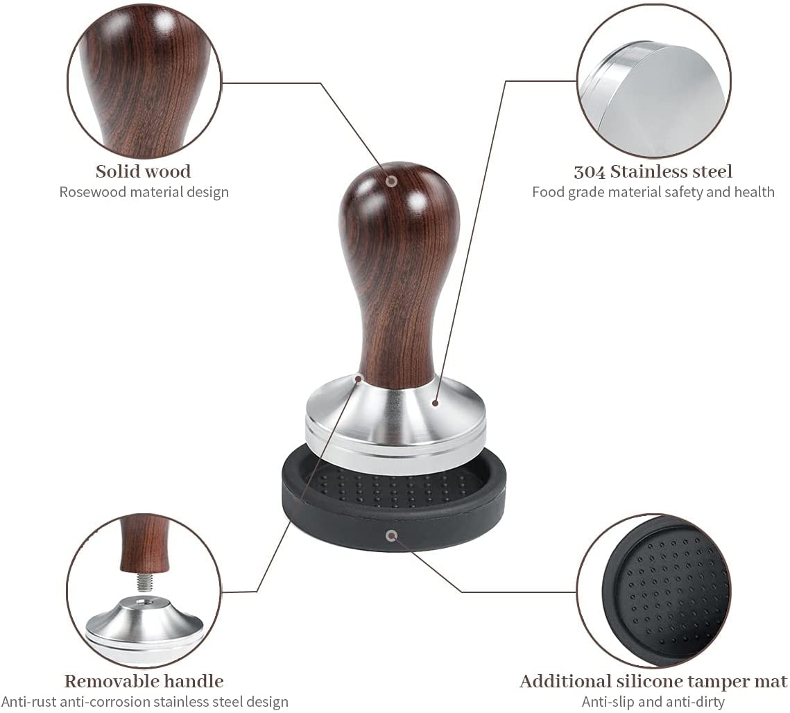 USEAMIE Coffee Tamper Espresso Press with Tamper Mat 304 Stainless Steel Flat Base Wooden Handle