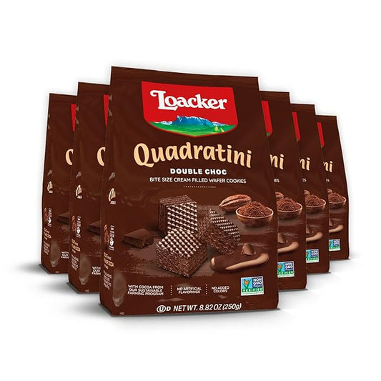 Loacker Quadratini Double Choc Wafer Cookies LARGE - 30% Less Sugar - Premium Crispy Bite Size Cocoa Wafers - NON-GMO - LARGE Pack of 6