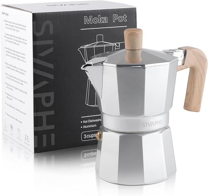 Sivaphe Aluminum Moka Pot 3 Espresso Cups, Percolator Espresso and Coffee Maker, Portable Stovetop Italian and Cuban Cafì±?Brewer for Home and Camping Sliver